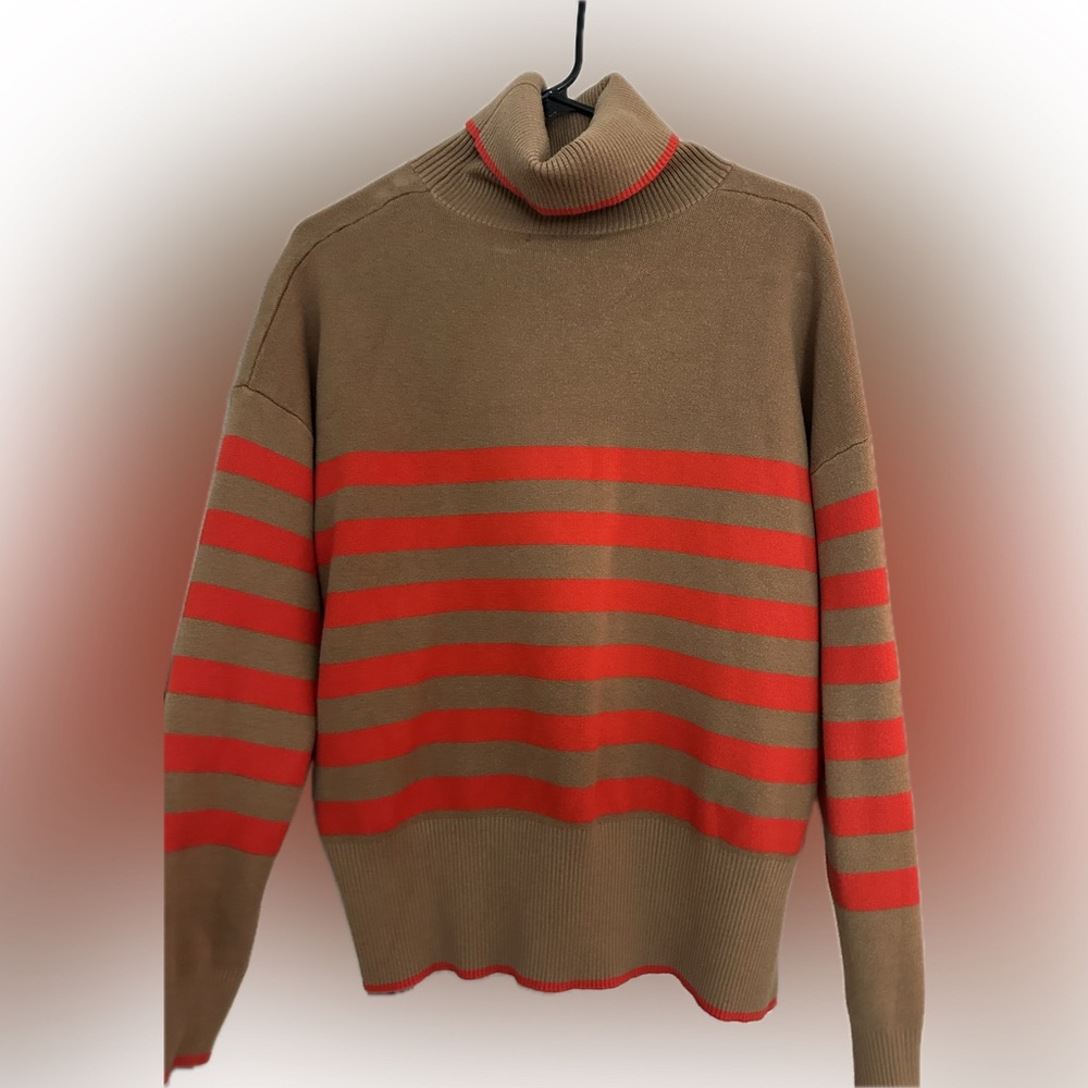 Tahari Brown and Red Turtleneck Sweater with Stripes